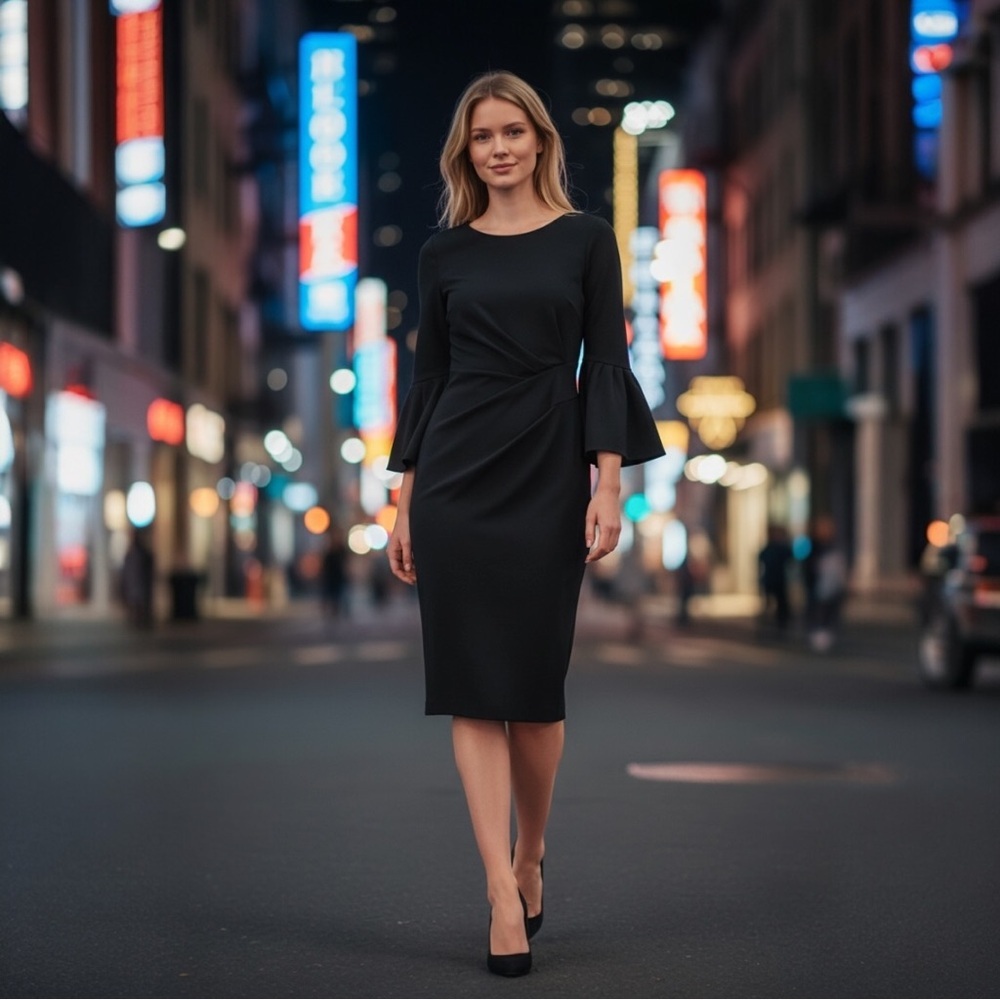 Adrianna Papell Black Bell Sleeve Ponte Knit Sheath Dress | Size 10 Regular - Picture 15 of 16